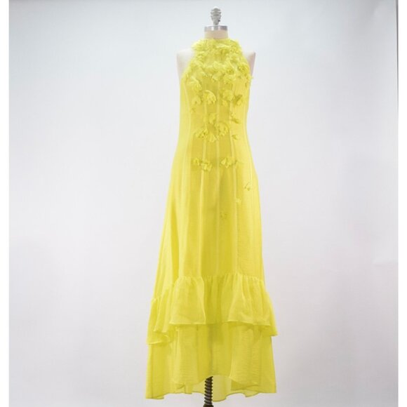Karen Millen Citrine Yellow Linen-Blend Rosette Maxi Dress - Picture 4 of 11